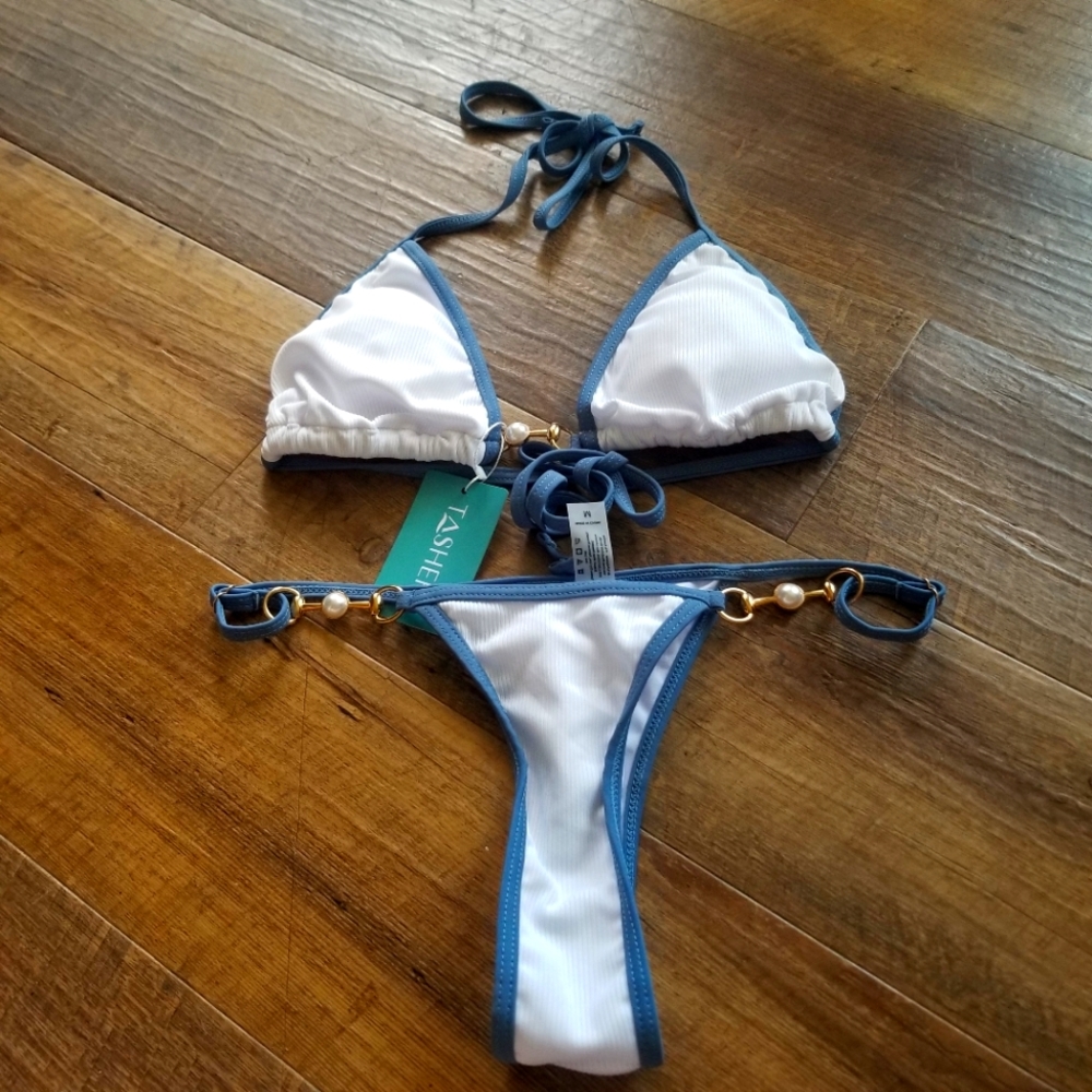 White with blue bikini swimwear